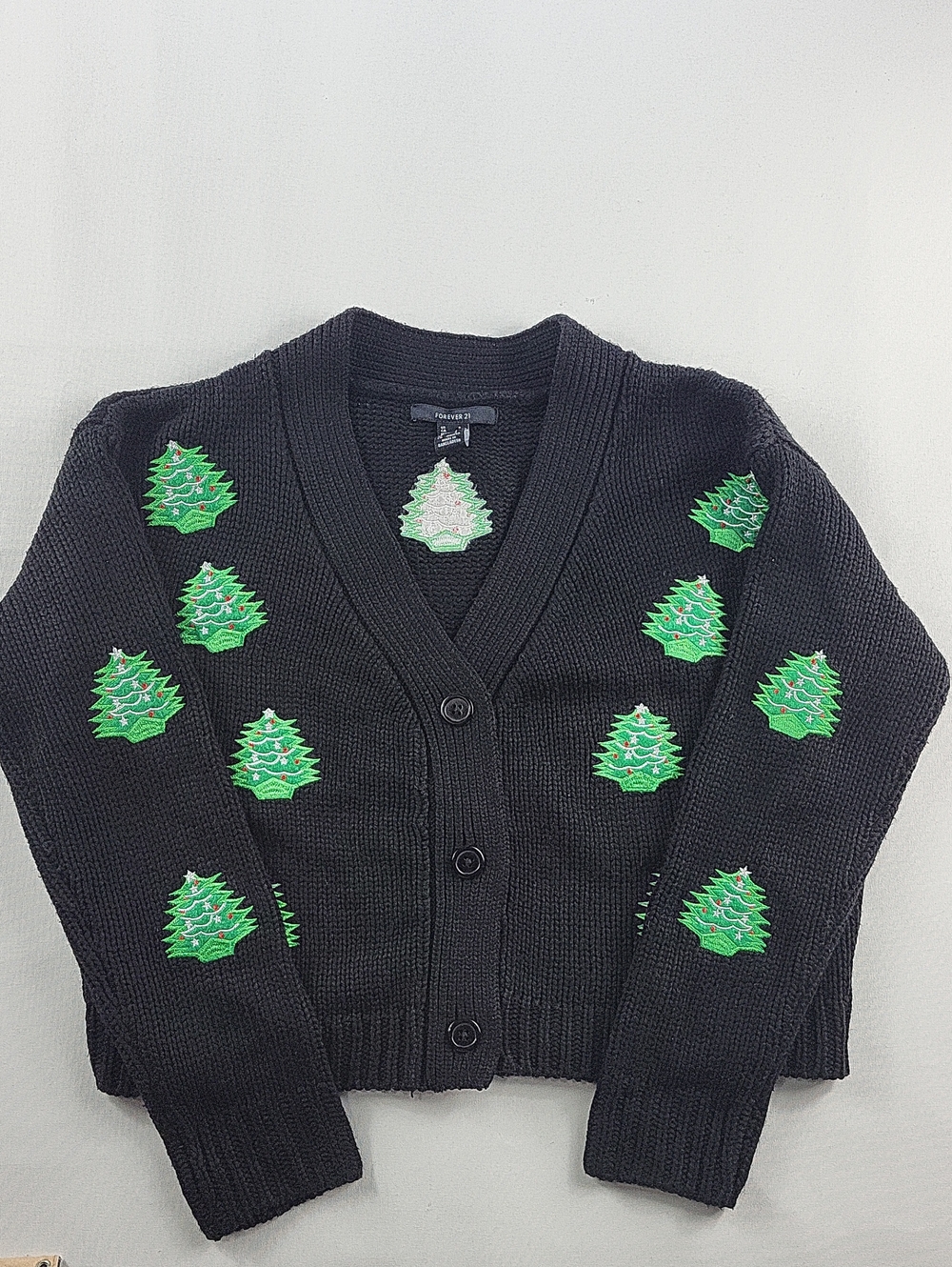 Embroidered Christmas Tree Holiday Crop Cardigan Knit Sweater Black